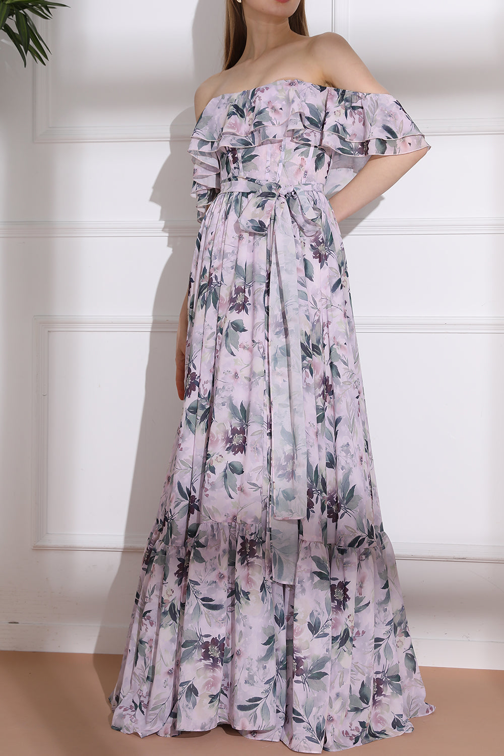 Off the Shoulder Corset Floral Print Chiffon Tiered Dress