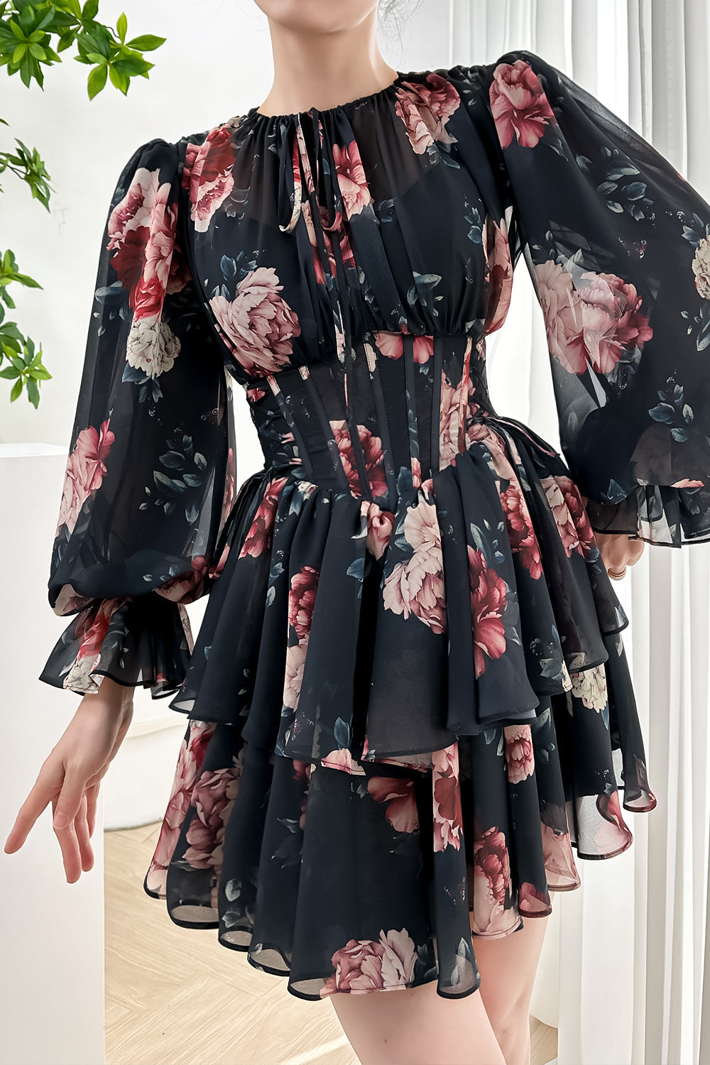 THEGIRLSOUTFITS Long Sleeves Corset Black Floral Print Chiffon Tiered Mini Dress