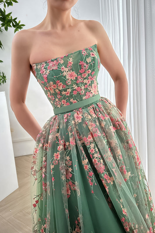 Strapless Embroidery Floral Corset Midi Dress