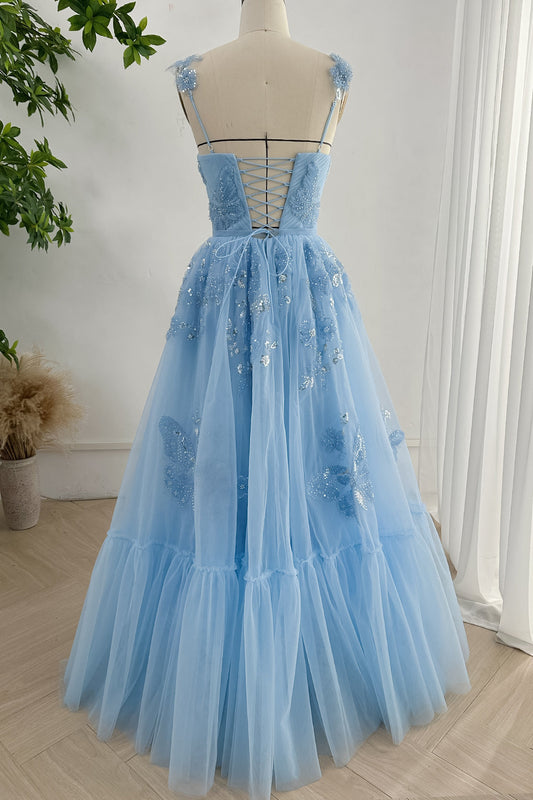 V Neck Beaded Butterfly Sky Blue Long Dress