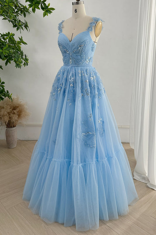 THEGIRLSOUTFITS V Neck Beaded Butterfly Sky Blue Long Dress