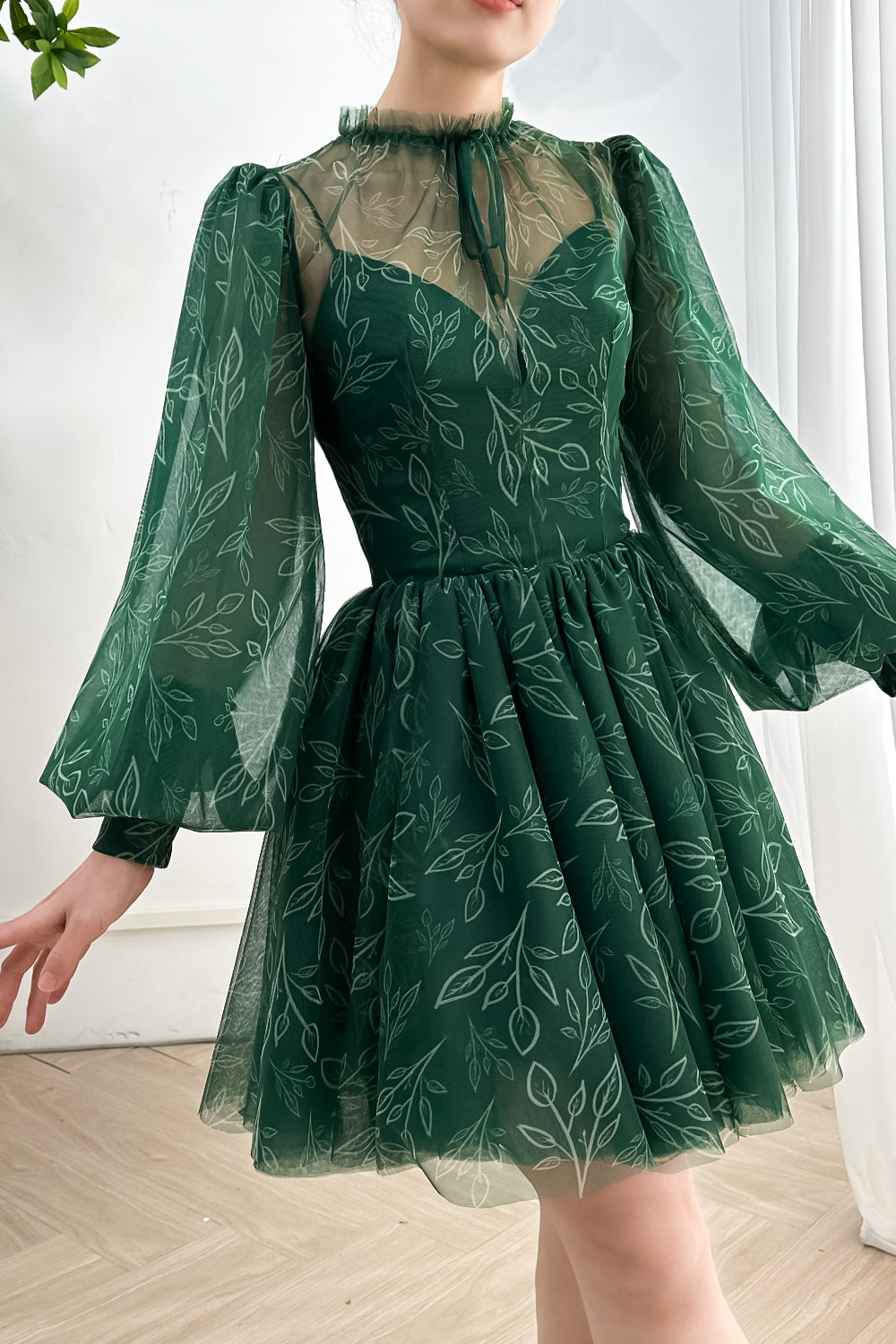 Long Sleeves Dark Green High Neck Floral Print Mini Dress