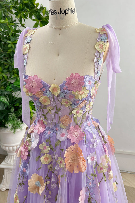 Lavender Embroidery Floral Corset Long Dress with Tie Straps