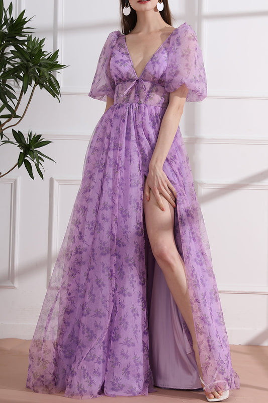 Puff Sleeves V Neck Lavender Floral Print Tulle Dress