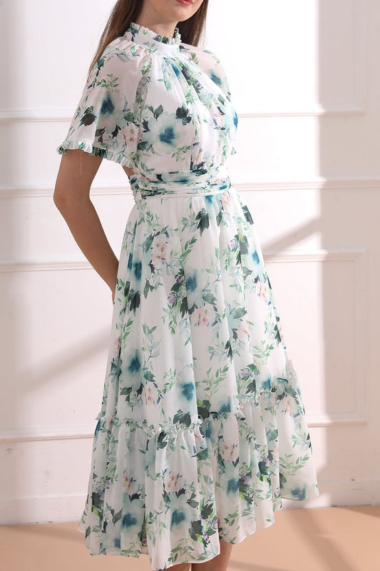 Raglan sleeves High Neck Floral Print Midi Dress