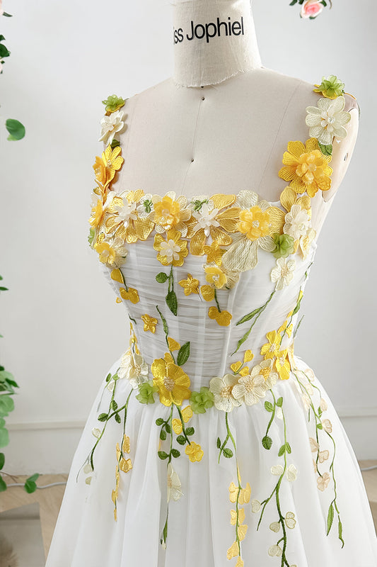 Corset Yellow Floral Applique Mini Ivory Dress