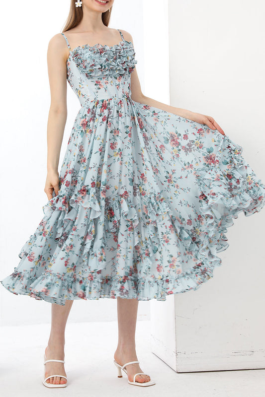 Spaghetti Straps Corset Floral Print Chiffon Dress