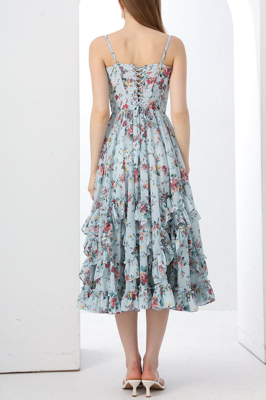 Spaghetti Straps Corset Floral Print Chiffon Dress