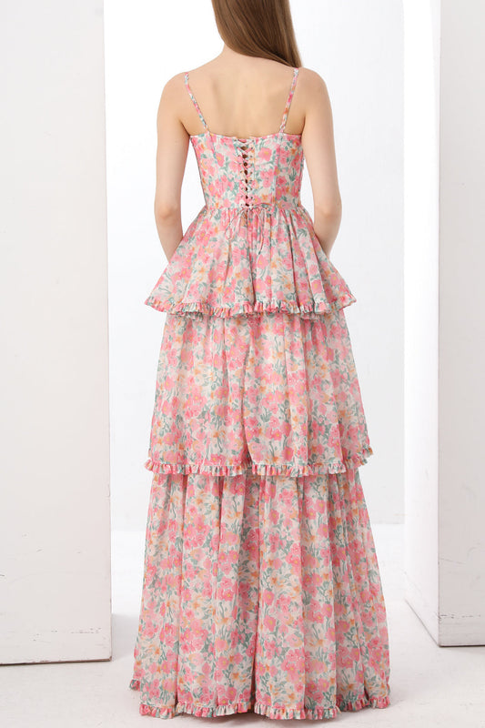 Strapless Corset Tiered Pink Floral Print Dress