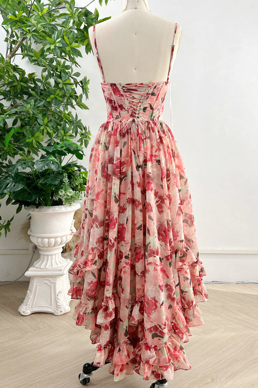 Spaghetti Straps Corset V Neck Floral Print Chiffon High Low Dress