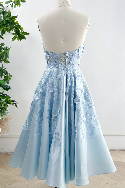 Strapless Floral Applique Sky Blue Satin Midi Dress