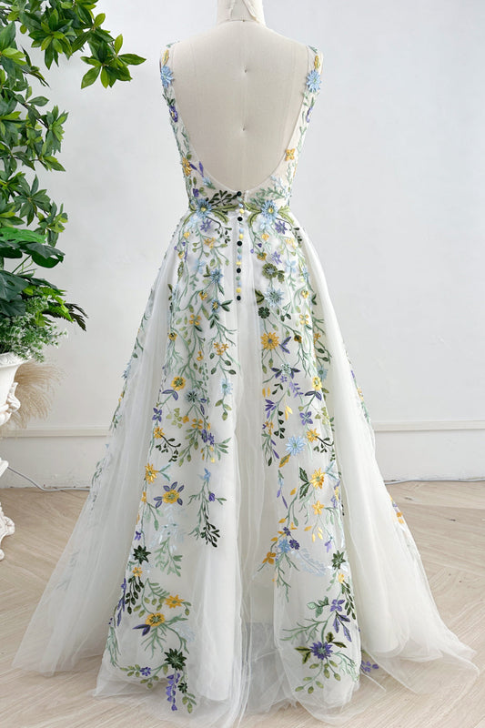 V Neck Sleeveless Colorful Floral Applique Long Wedding Dress