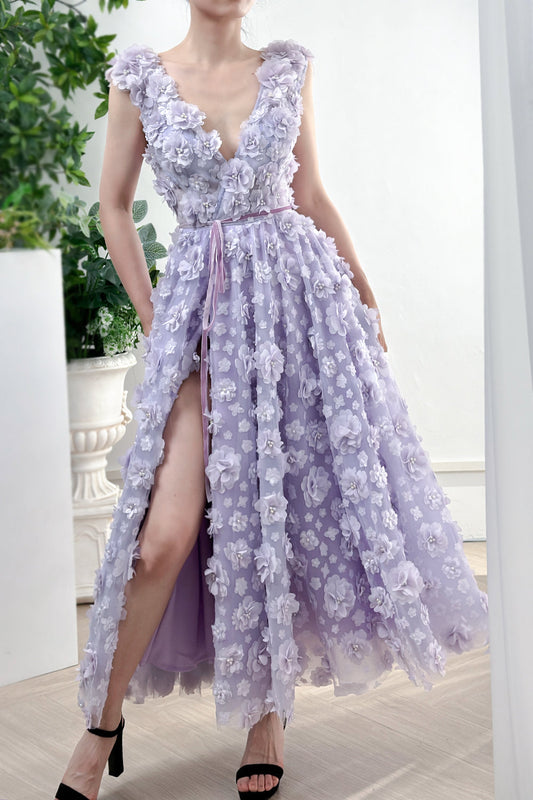 Straps V Neck 3D Floral Lavender Dress with Side Slit