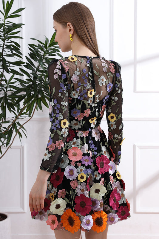 Long Sleeves O Neck Colorful Floral Embroidery Black Dress