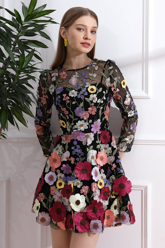 Long Sleeves O Neck Colorful Floral Embroidery Black Dress