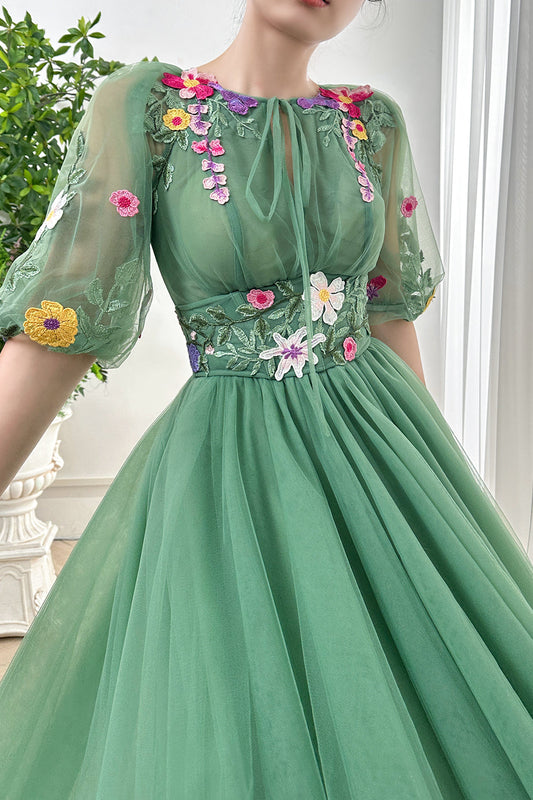 Half Sleeves O Neck Floral Embroidery Midi Dress