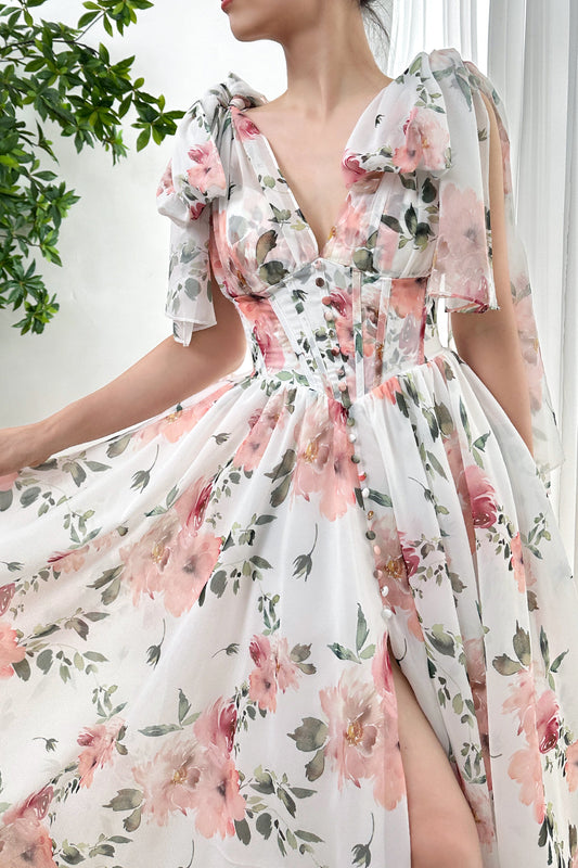 Infinity Corset Floral Print Chiffon Dress with Slit