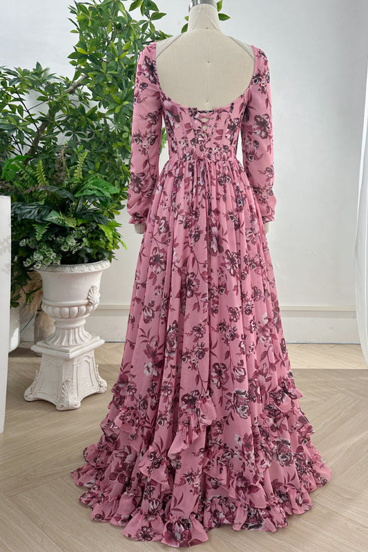 Long Sleeves Corset V Neck Floral Print Chiffon Dress with Side Slit