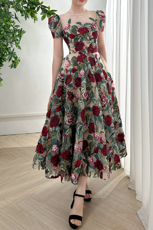 Short Sleeves O Neck Rose Embroidery Midi Dress