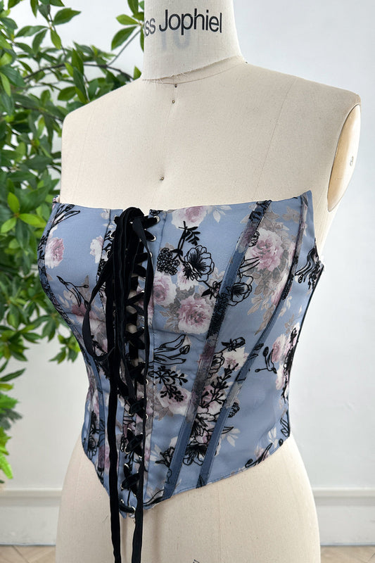 Strapless Floral Print Steel Blue Corset Top