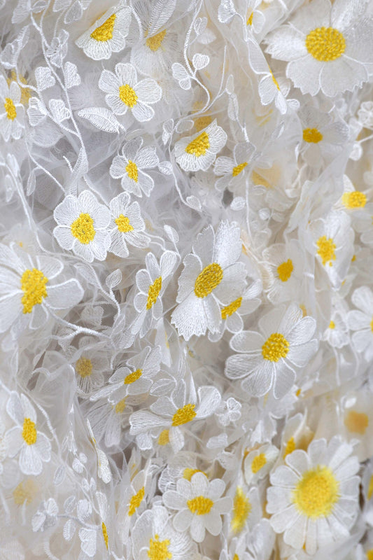 White Tulle with 3D Yellow Floral Embrodiery and Applique Fabric